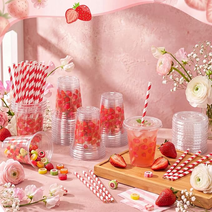 Domensi 25 Sets Strawberry Themed Plastic Cups with Lids and Paper Straws 12oz Red Disposable Drinking Cups Bulk for Cold Drinks Baby Shower Wedding Picnic Summer Theme Birthday Party Supplies
