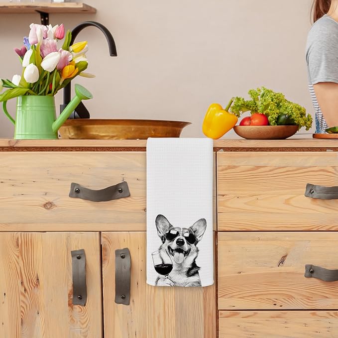 Funny Poodle Corgi Kitchen Towels, Gifts for Dog Wine Lovers, Bar Accessories Dish Tea Towels for Kitchen, Dog Owners Housewarming Gift Decorative Hand Towel 16x24 Inch