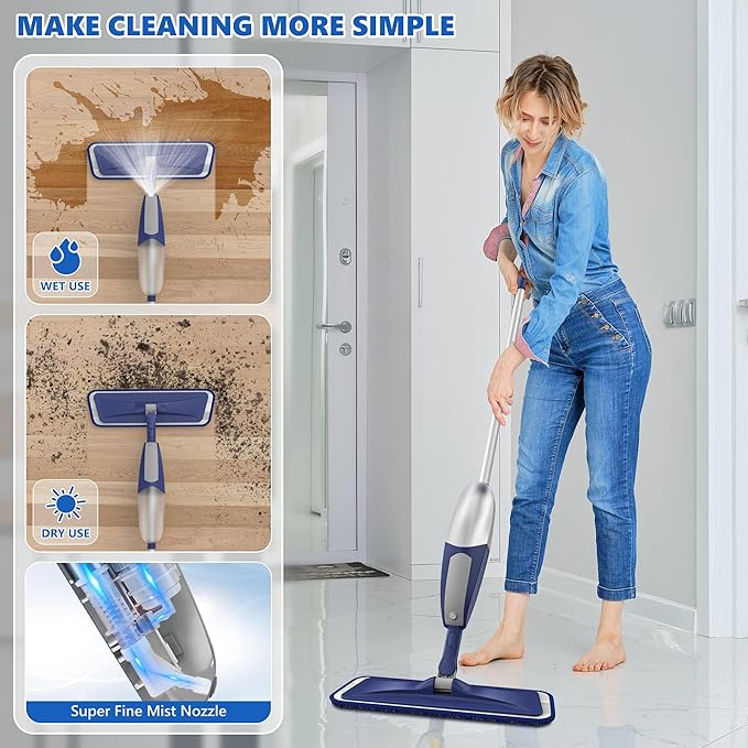 Spray Mops for Floor Cleaning - BPAWA Microfiber Floor Mop Flat Wet Mop Dry Dust Mop for Hardwood Laminate Wood Tile Vinyl Kitchen Bathroom Floors with 8 Washable Pads Reusable 550ML Refillable Bottle