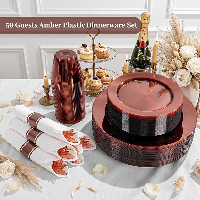 DaYammi 350Pcs Clear Amber Dinnerware Set 50 Guest for Party Amber Plates Disposable - 50 Dinner Plate, 50 Dessert Plate, 50 Per Rolled Napkins with Cutlery, 50 Plastic Cups 9 OZ for Party Wedding
