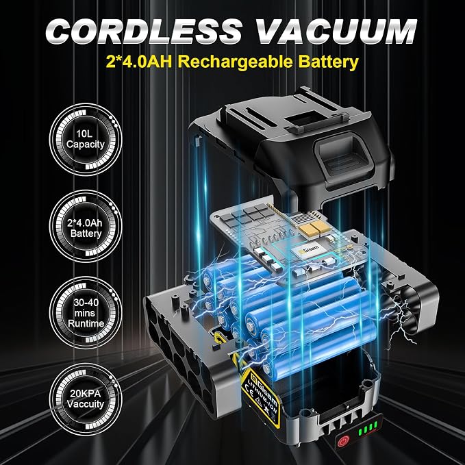 Cordless Shop Vac,3000W Brushless Motor,2x4.0Ah Battery Powered Shop Vac - 3-in-1 Wet Dry Vacuum Wet and Dry with HEPA Filter,Shoulder Strap & Accessory Storage Holder,Portable for Garage,Workshop,Car