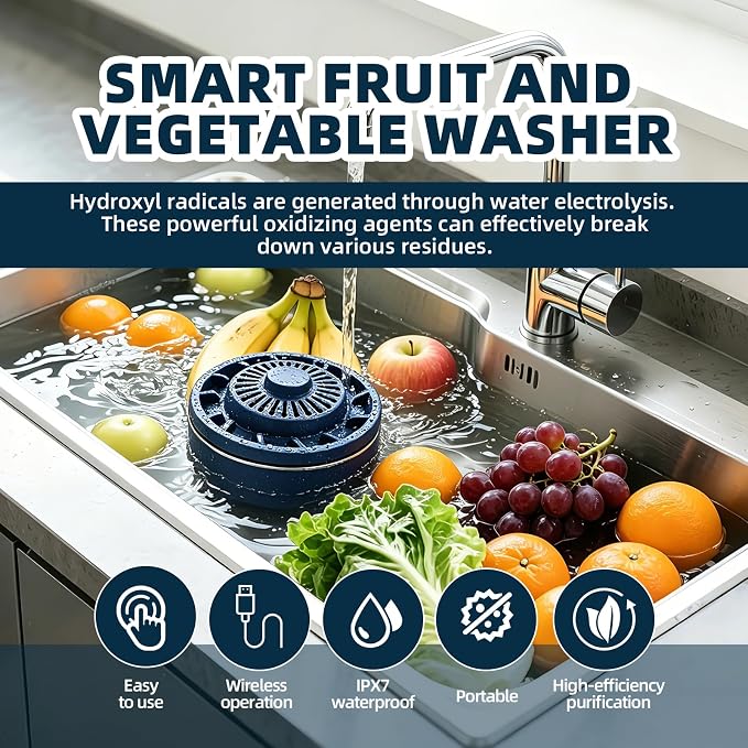 Cleaner, Portable Food Cleaner for Removing Surface Impurities, Wax & Grime, 10-Minute Automatic Cleaning, IPX7 Waterproof. Applicable to Fruits, Meat, Veggies and Grains.