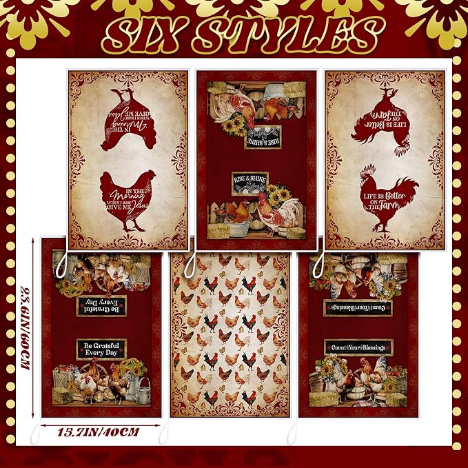 Bencailor 6 Pcs Farmhouse Kitchen Towels Chicken Rooster Kitchen Decor Farm Animal Hand Towels for Cooking Baking Housewarming Gift,15.75 x 23.62 inch(Deep Red,Rooster Hen)