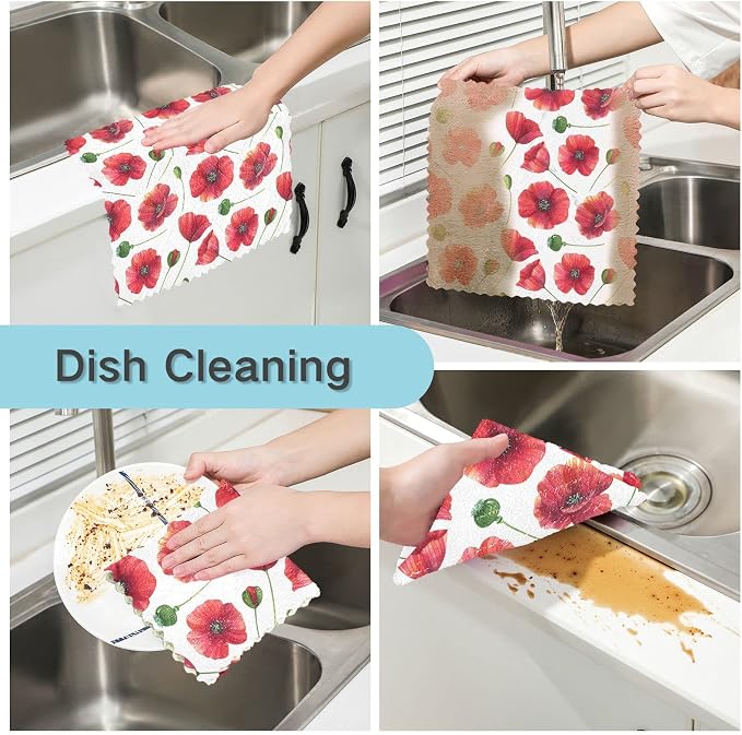 CaTaKu Red Poppy Cute Kitchen Dish Cloths for Washing Dishes Reusable Cleaning Cloth Dish Towels Microfiber Washcloths Dish Rags for Kitchen,6 Pack