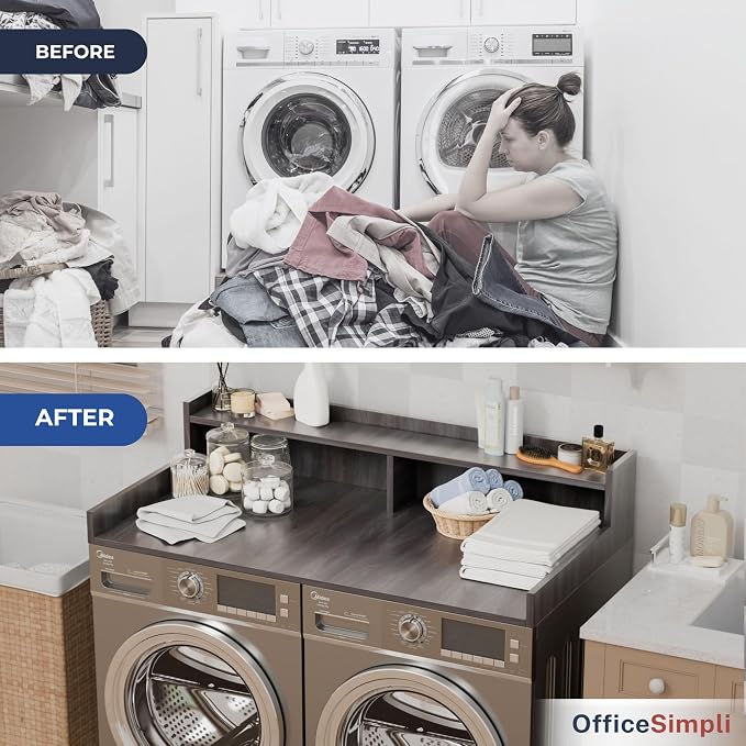 OfficeSimpli Large Washer Dryer Countertop with Shelf - 30 x 58 Inch - Made in USA Laundry Countertop Over Washer and Dryer with Non-Slip Pads, Storage Shelf, Laundry Topper Organizer, Iconic Maple