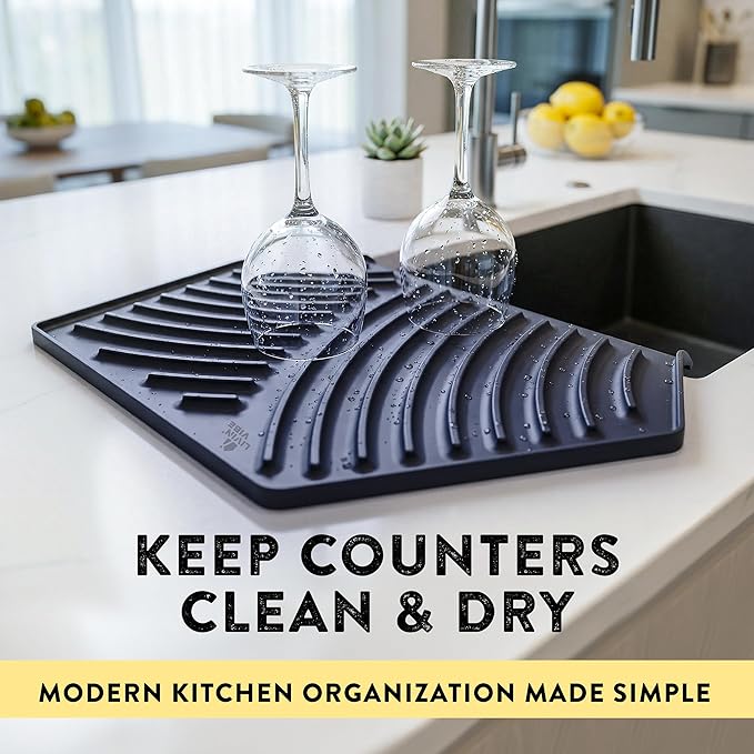 Silicone Dish Drying Mat with Drain, Self-Draining, Heat Resistant & Non-Slip Kitchen Counter Mat, Easy to Clean, Reusable, (19.3'' x 13'', Charcoal Grey)