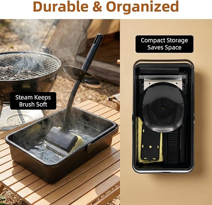 Grill Brush, Bristle Free BBQ Brush with Self-Cleaning Water Box, Safe Steam BBQ Cleaner, Built-in Scraper for Outdoor Grills, Flat Top & Cast Iron, Heavy Duty Griddle Accessories, Gift for Men