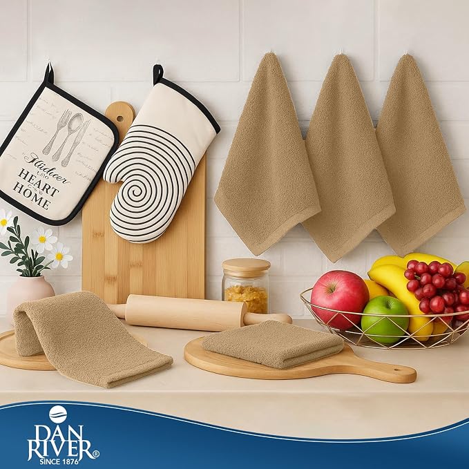 DAN RIVER Kitchen Bar Mops,Pack of 12,16 by 19 Inches,100% Cotton Super Absorbent,Multi-Purpose Cleaning Towels for Home and Kitchen Bars-Tan