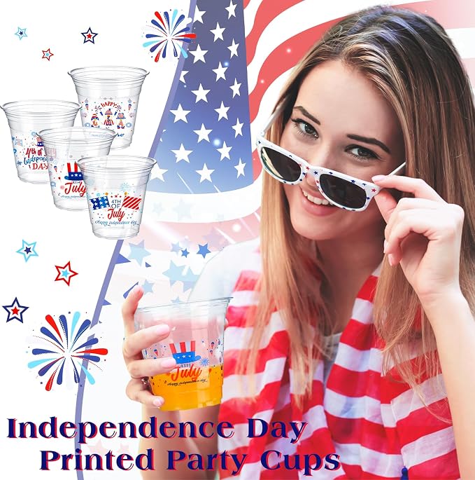 Tanlade 200 Pcs 4th of July Plastic Cups 12 oz Patriotic Red White and Blue Cups Disposable American Flag Design 250th Anniversary Party Supplies for Fourth of July Independence Day Decorations
