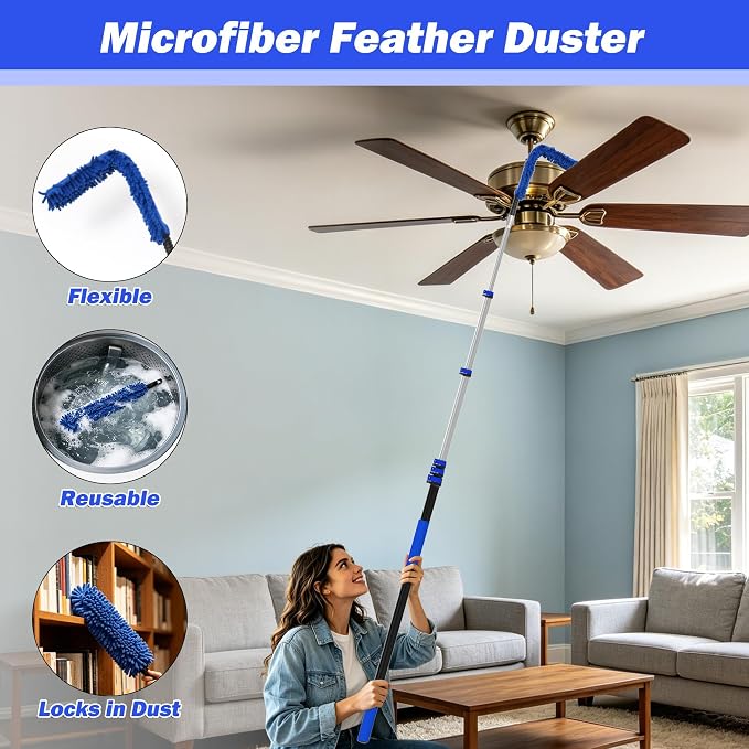 26FT Reach Duster Kits, Window Cleaning kit with 5-20FT Telescoping Extension Pole, Cobweb Duster, Washable Fan Duster for Ceiling, Window Squeegee for Glass and Microfiber Feather Duster
