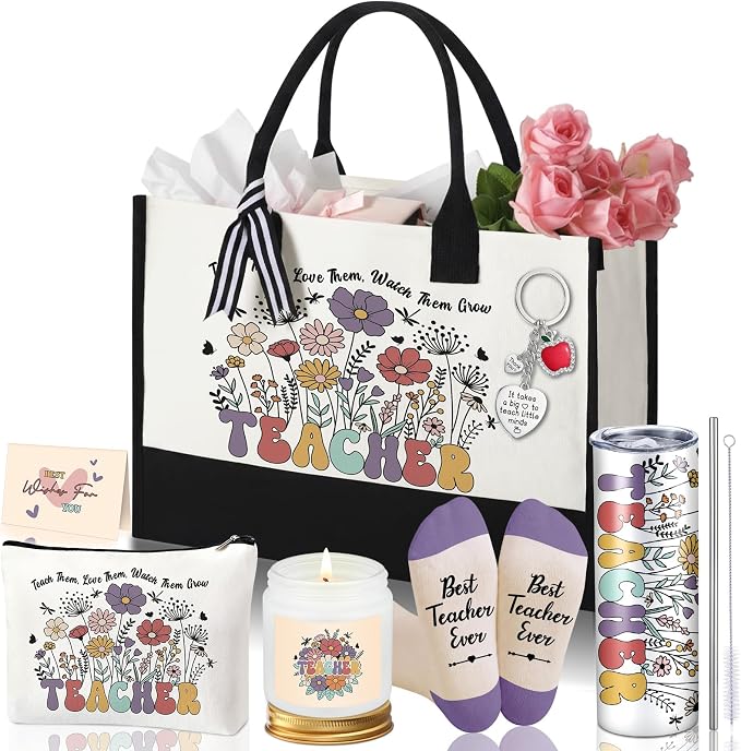 Patelai 7 Pcs Graduation Teacher Appreciation Gift Set, Thank You Teacher Gifts for Women with 20oz Tumbler Tote Bag Candle Makeup Bag Keychain, End of Year Teachers Gift Ideas Back to School Gifts