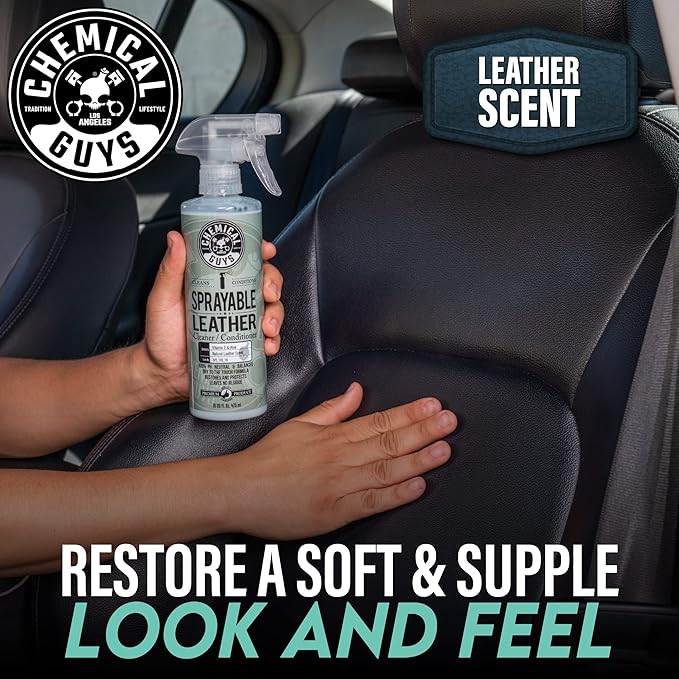 Chemical Guys SPI_103_16 Sprayable Leather Cleaner and Conditioner in One for Car Interiors, Apparel, Leather Scent, 16 fl oz & TVD11316 Tire Kicker Sprayable Extra Glossy Tire Shine, 16 fl oz