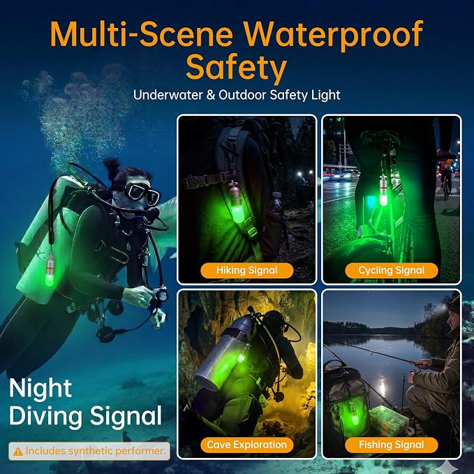SecurityIng 2Pcs Scuba Dive Strobe Signal Light, Mini Tank Light Night Dive Marker Light, Underwater 150M LED Flashing Safety Light Beacon Diving Light with AAA Battery -Green