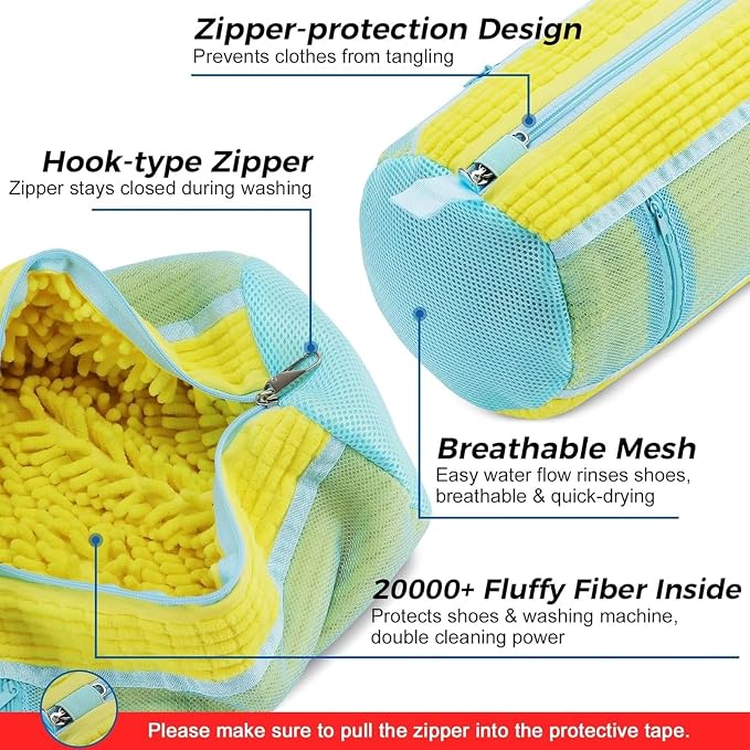 Shoe Washing Machine Bag 2 Pack, Laundry Shoe Bags with Insole Pocket, Reusable Shoe Cleaning Bags for Washer and Dryer, Protective 360° Deep Clean for Sneakers Tennis All Shoes Types（Yellow）