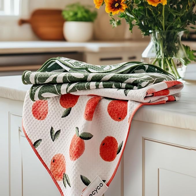 RECYCO Swedish Dishcloths 5 Pack 8" x 7" & Waffle Kitchen Towel Set of 2 16" x 28", Peachy Leaves,