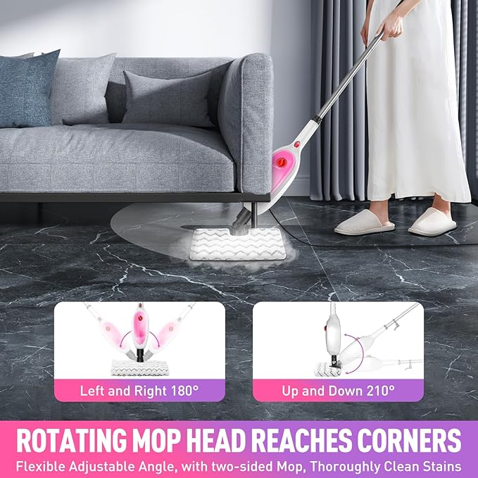 Steam Mop, Detachable Handheld Steam Cleaner with 10-in-1 Multipurpose Accessories, Two-sided Mop, Double Cleaning Area, Multi Surfaces Steamer for Wood Floor, Tile, Window, Clothes, Furniture & Grout
