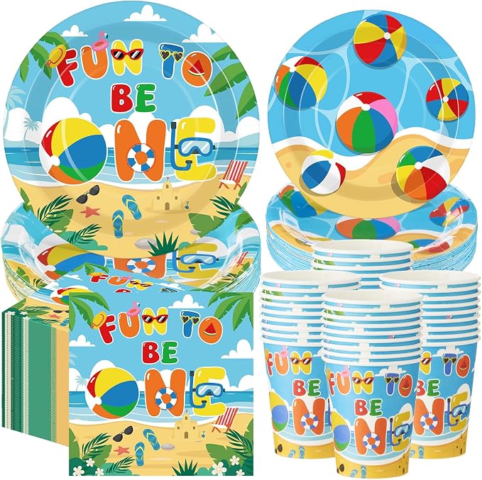Pickmesh 250 Pcs Beach Ball Party Supplies Summer Beach Ball 1st Birthday Paper Plates Napkins and Cups Disposable Tableware Set Fun to Be One Party Decor for Hawaiian Pool First Birthday Serve 50