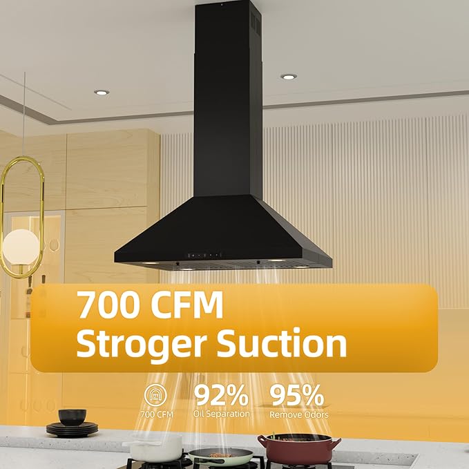 FIREGAS Island Mount Range Hood 30 Inch, 700 CFM Ducted/Ductless Convertiable Kitchen Hood, Pyramid Style Ceiling Mount Range Hood with Gesture Sensing & Touch Control,Permanent Filters, LED Lights