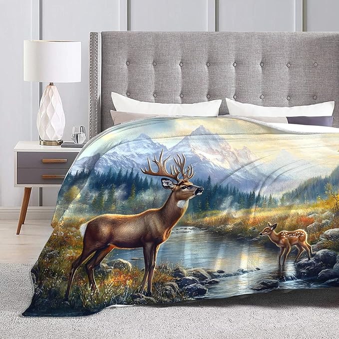 Tijuboni Elk Deer Throw Blanket Mountain Cabin Gifts for Women Men Girls Boys Kids Adults Soft Flannel Fleece Blanket for Couch Sofa Bed Home Decor 60"x80"
