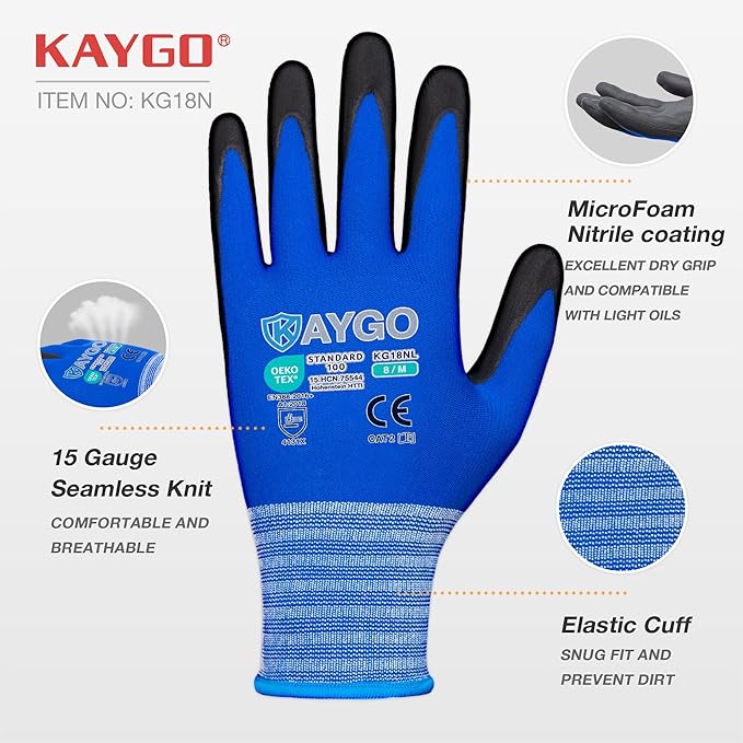 KAYGO Safety Work Gloves MicroFoam Nitrile Coated-1 Pairs, KG18NB,Seamless Knit Nylon Glove with Black Micro-Foam Nitrile Grip,Ideal for General Purpose,Automotive,Home Improvement,S,Blue