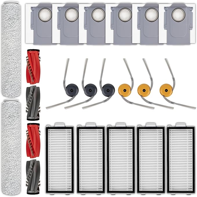 (23 Pack) Qrevo Curv 2 Flow Replacement Parts Compatible with Roborock Qrevo Curv 2 Flow Robot Vacuum, 4 Roller Brushes, 6 Side Brushes, 6 Dust Bags, 5 HEPA Filters, 2 Roller Mops, Accessories Kit