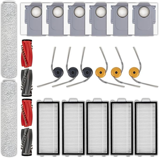 (23 Pack) Qrevo Curv 2 Flow Replacement Parts Compatible with Roborock Qrevo Curv 2 Flow Robot Vacuum, 4 Roller Brushes, 6 Side Brushes, 6 Dust Bags, 5 HEPA Filters, 2 Roller Mops, Accessories Kit