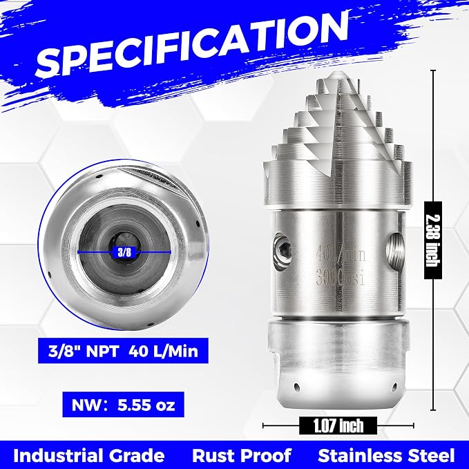 Tool Daily 3/8” NPT Sewer Jetter Rotating Nozzle, Pressure Washer Sewer Nozzle for Drain, Pipe Cleaning, Stainless Steel, 40 L/Min, 3000 PSI