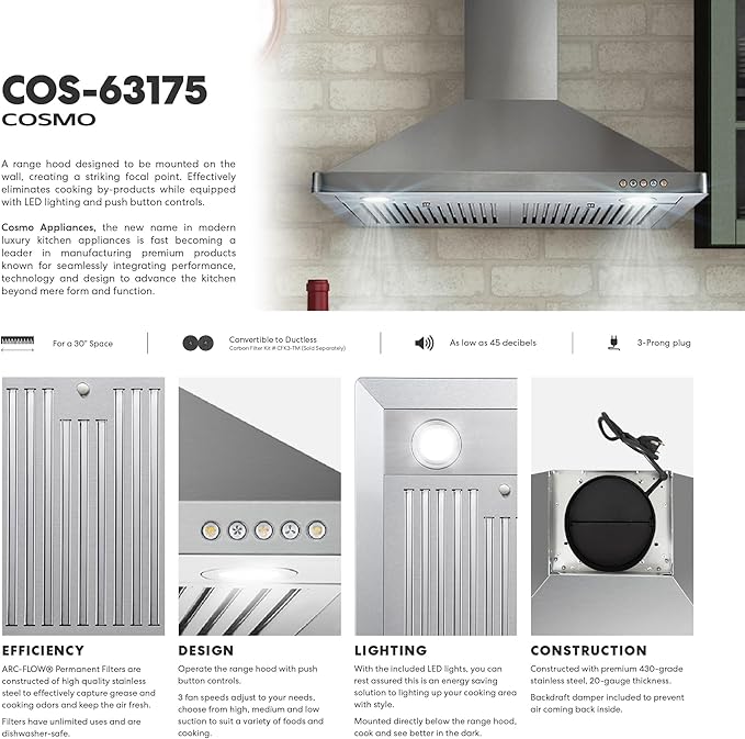 COSMO COS-63175 30 in. Vista Collection 380 CFM Ducted Wall Mount Range Hood, Button Controls, LED Lights, Stainless Steel