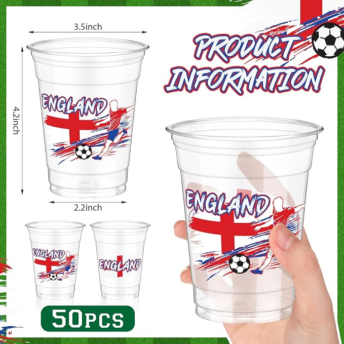 Jingmore 50 Pcs Soccer Plastic Cups 12 oz International Countries Soccer Disposable Plastic Cups Thick Clear Drinkware for Sports Games Party Supplies (England)