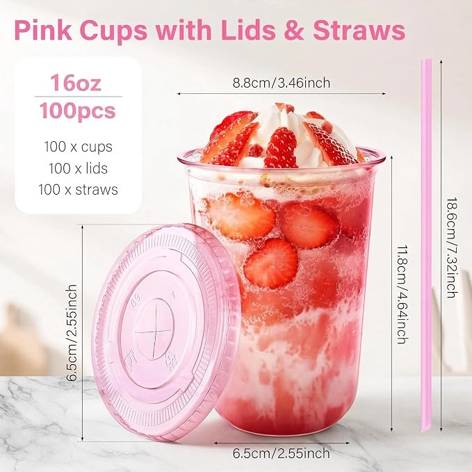 KesaPlan 100 Pack 16 oz Pink Plastic Party Cups with Lids and Straws, Disposable Iced Coffee Cup with Lids, Round Bottom Drinking Cups for Birthday Wedding Valentine's Galentine's Bachelorette Party