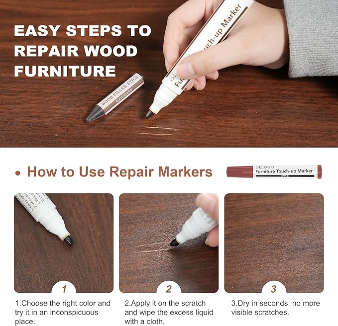 SEISSO Wood Furniture Repair Kit, New Improved 10 Colors Touch Up Markers and Crayons with Polish Wax, Covering Damaged Wooden Surfaces and Floors, Scratches, Stains, Cracks and Dents(25 PCs)