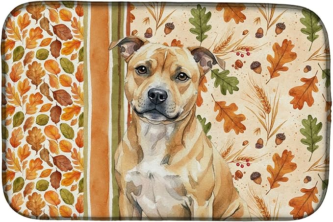 Caroline's Treasures Fawn Staffordshire Bull Terrier Heirloom Fall Dish Drying Mat Absorbent Dish Drying Mat Pad for Kitchen Counter Dish Drainer Mat for Countertop, 14 x 21", Multicolor