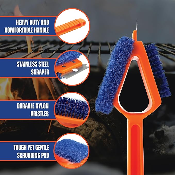 CitruSafe 3in1 Nylon Grill Brush with Scraper & Scrubber - Made in USA - Safe Grill Brush - Grill Brush Non Metal Bristles - BBQ Brushes for Grill Cleaner - Non Metal Grill Brush for Outdoor Grill