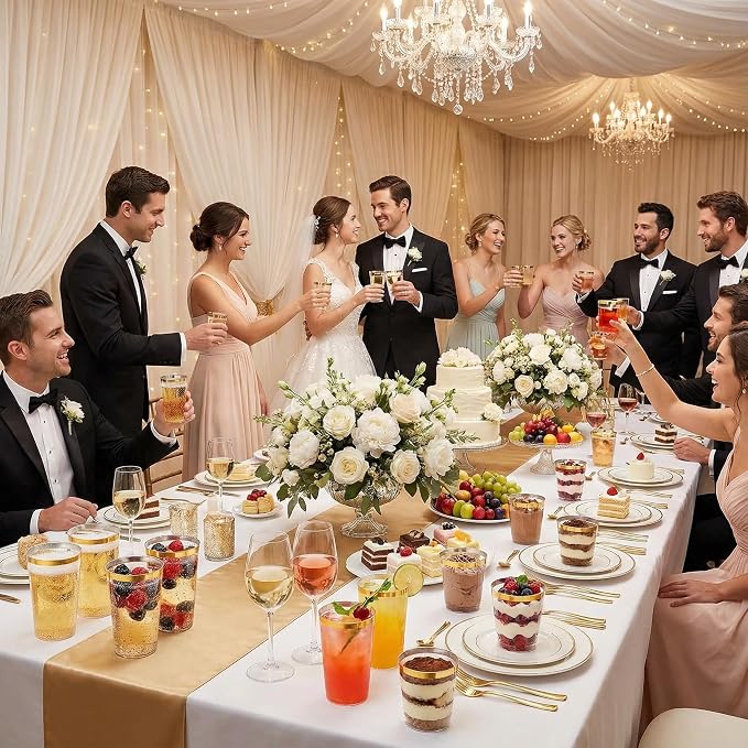 supernal 200 Pack 12oz Clear Plastic Cups with Gold Rim - Heavy Duty Elegant Disposable Party Cups, Premium Fancy Drinking Tumblers for Weddings, 2026 Graduations & Cocktail Hours