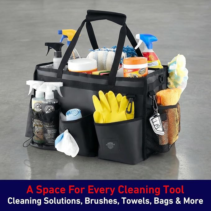 Nomad USA Wearable Cleaning Caddy Bag 100% Waterproof Cleaning Supplies Tote Bag w/Handle & Adjustable Shoulder Straps,Detachable Organizer for Kitchen,Housekeepers,Gardening,Hardware (Black)