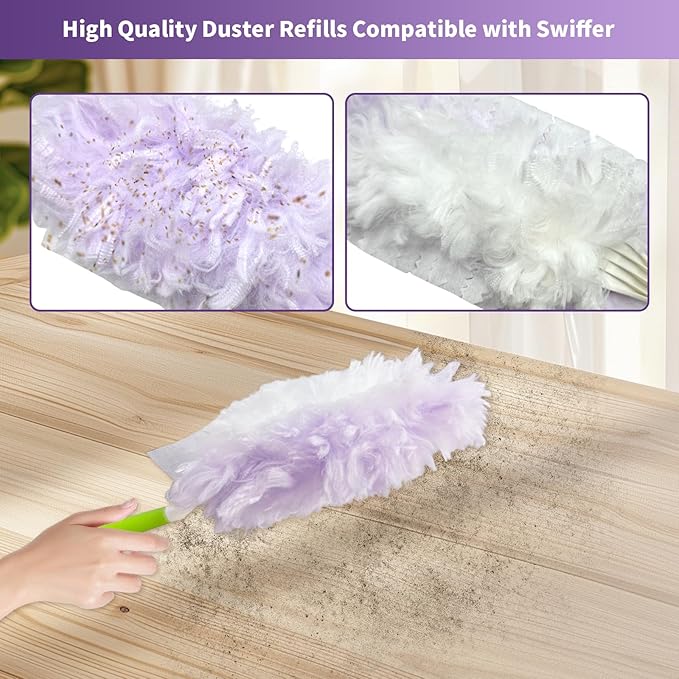 50 Count 360° Multi-Surface Feather Duster Refills, Compatible with Swiffer Dusters, Thickened Heavy-Duty Material Disposable Dusters Kit Includes 2 Handle for Efficient Cleaning