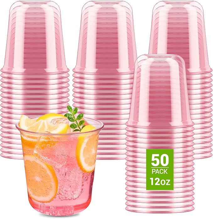Soelomu 12 oz Pink Plastic Cups, 50 Pcs Disposable Stemless Wine Glasses Round Bottom Cocktail Party Cups for Wedding Birthday Meeting Gathering