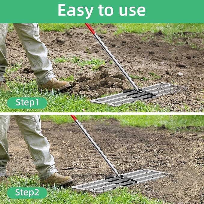 30" x 10" Lawn Leveling Rake with 6.5FT Extra Long Handle, Heavy Duty Stainless Steel Leveling Rake 30 inch for Spreading Topsoil, Sand & Compost, Professional Yard Leveler, Silver