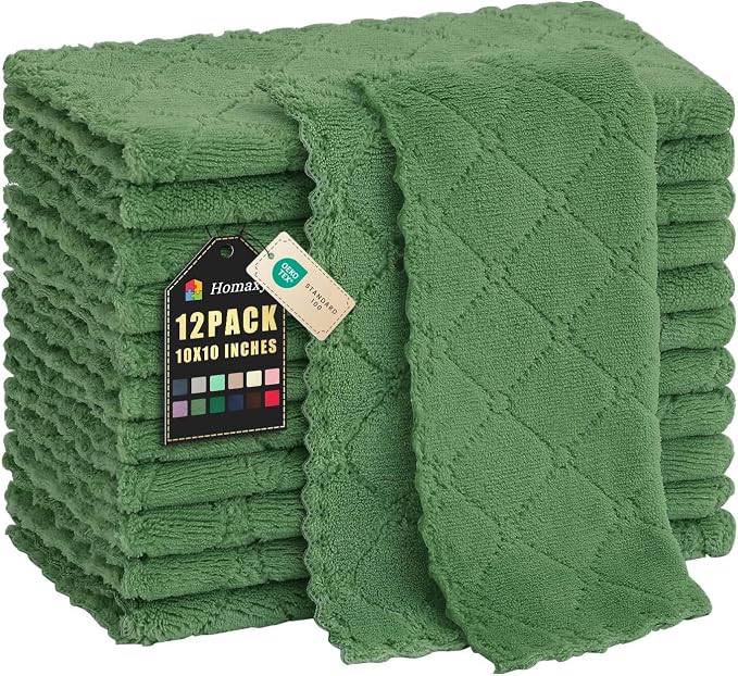 Homaxy 12 Pack Kitchen Dish Cloths (10 x 10 Inches, Grass Green), Super Soft and Absorbent Coral Velvet Dish Towels, Nonstick Oil Fast Drying Microfiber Cleaning Cloth, No Lint Household Dishcloths