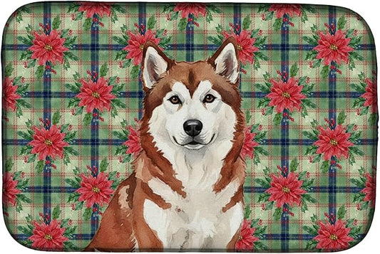 Caroline's Treasures Red and White Alaskan Malamute Christmas Poinsettas Dish Drying Mat Absorbent Dish Drying Mat Pad for Kitchen Counter Dish Drainer Mat for Countertop, 14 x 21", Multicolor