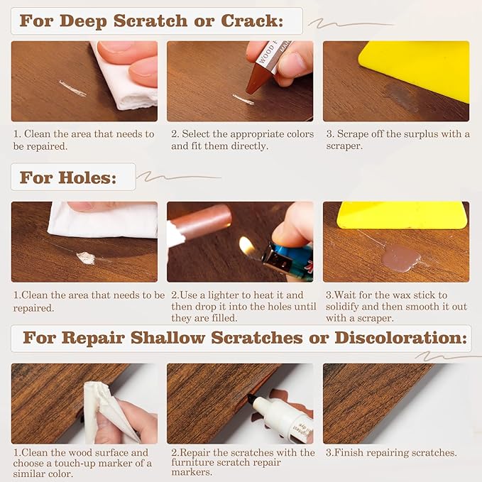SEISSO 8 Colors Wood Wax Sticks ＆ Wood Markers Furniture Repair Kit, Wood Floor Scratch Repair, Furniture Markers Touch Up Restore Wood Floors, Tables, Holes, Laminate, Carpenters
