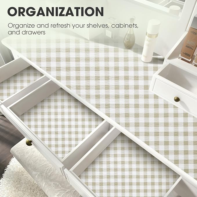 Drawer and Shelf Liner, Non-Slip Kitchen Cabinet Liners Non-Adhesive Thick Strong Grip Waterproof Washable Mats Protect Dresser Shelves Cupboard Bathroom Cabinets, Yellow Plaid, 24 in X 20 FT