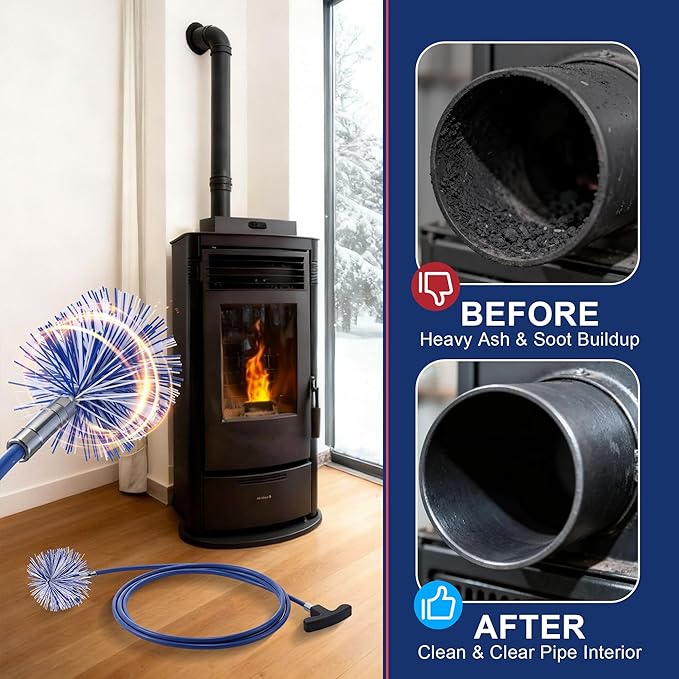 Dreyoo Pellet Stove Cleaning Brush Kit, 10 FT Flexible Steel Rod with 3" & 4" Brush Head, T Handle, Multi Purpose Flue Detail Cleaner, Nylon Stove Flue Pipe Kit for Pellet Furnace Exhaust Pipes