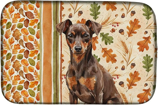 Caroline's Treasures Chocolate and Rust Miniature Pinscher Min Pin Heirloom Fall Dish Drying Mat Absorbent Dish Drying Mat Pad for Kitchen Counter Dish Drainer Mat for Countertop, 14 x 21", Multicolor