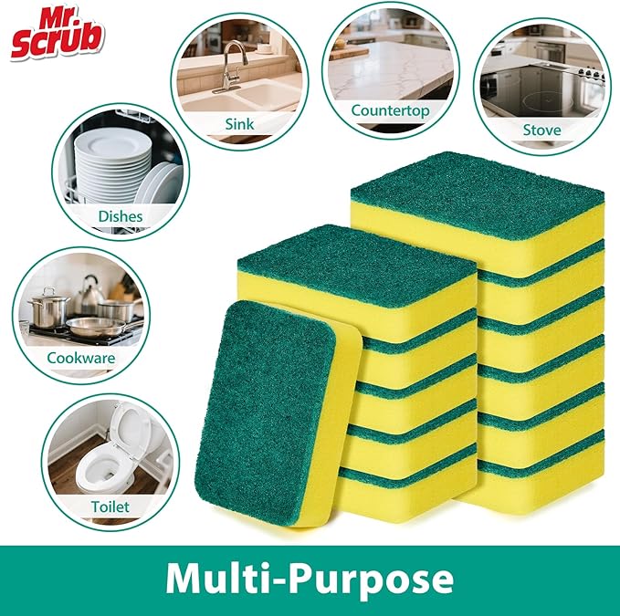 Mr. Scrub Sponges Kitchen Scrub Dish Sponge Scouring Pad, 12 Pack Cleaning Brush Scrubber Supplies for Soap, Dishwashing Dinnerware Sets Pan Pot Towels Cloth Rags Holder Glass Dishwasher Sink Bathroom