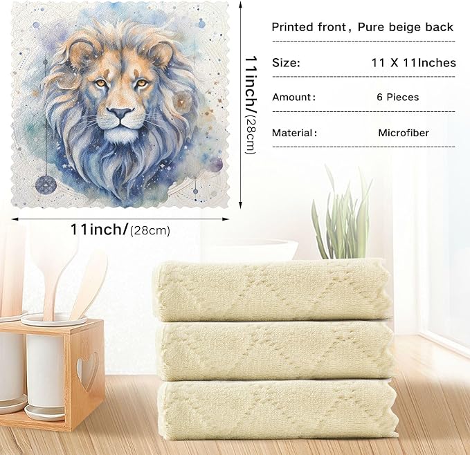 ALAZA Dish Towels Kitchen Cleaning Cloths Lion (15) Dish Cloths Absorbent Kitchen Towels Lint Free Bar Tea Soft Towel Kitchen Accessories Set of 6,11"x11"