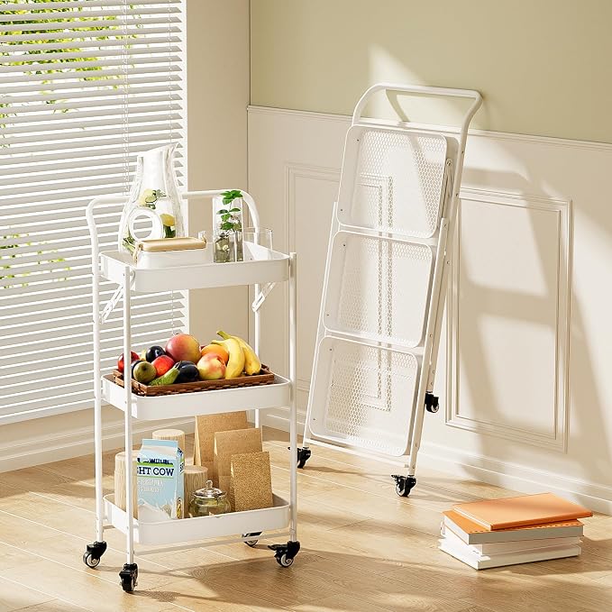 JAQ Foldable Rolling Cart, 3-Tier No Assembly Metal Utility Cart with Handle, Heavy Duty Folding Storage Trolley Organizer on Wheels for Kitchen, Office, Craft Art, Baby Diaper, Snacks, Books, White