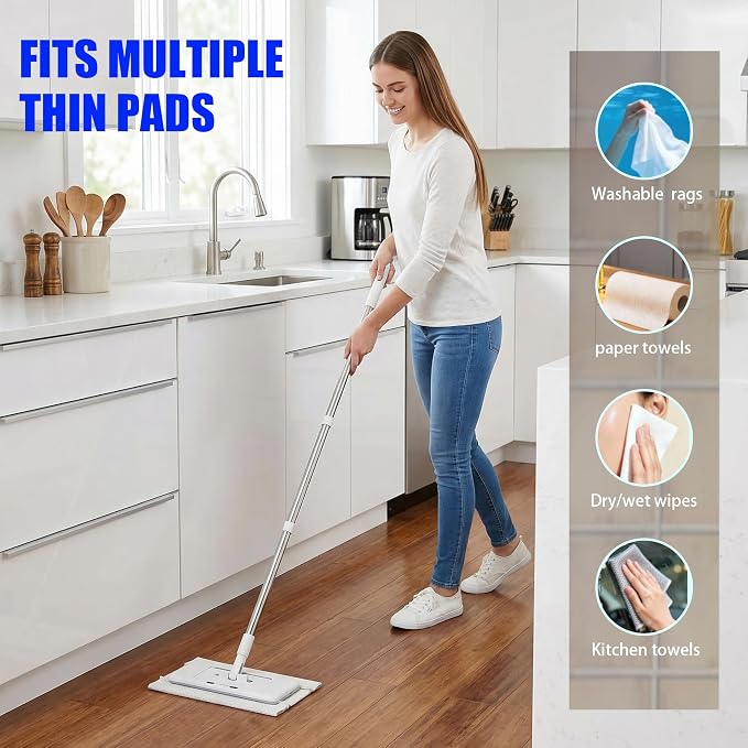 New Hands Free Multi Purpose Flat Mop with 10 Reusable Cloths | Convenient Cloth Changing, Compatible with Swiffer Pads, Hardwood Tile Marble Lightly Floor Cleaning, 52in Handle