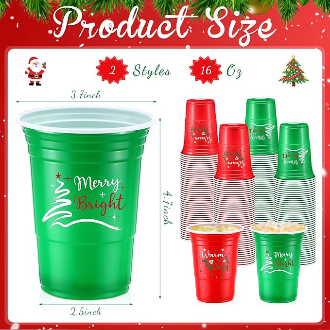 Pickmesh 50 Pcs Christmas Plastic Cups 16oz Red and Green Merry Bright Disposable Cups for Xmas Party Supplies Seasonal Holiday Party Tumblers for Hot Cold Drinks Coffee Juice Beer Candy Snacks