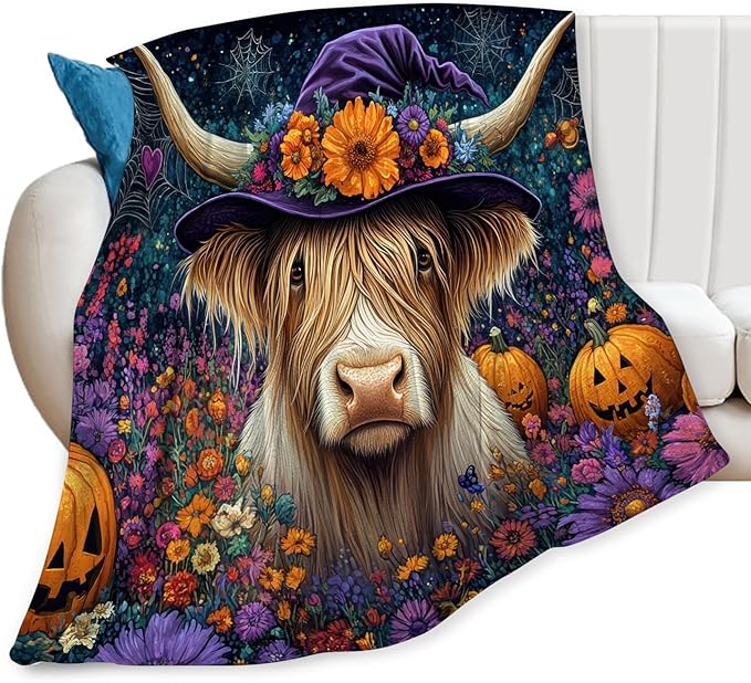 Tijuboni Highland Cow Pumpkin Throw Blanket for Girls Boys Women Men Kids Adults Soft Flannel Fleece Blanket for Couch Sofa Bed Home Decor 50"x60"